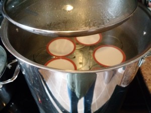 Mason jars and lids being sanitized in 180F water.